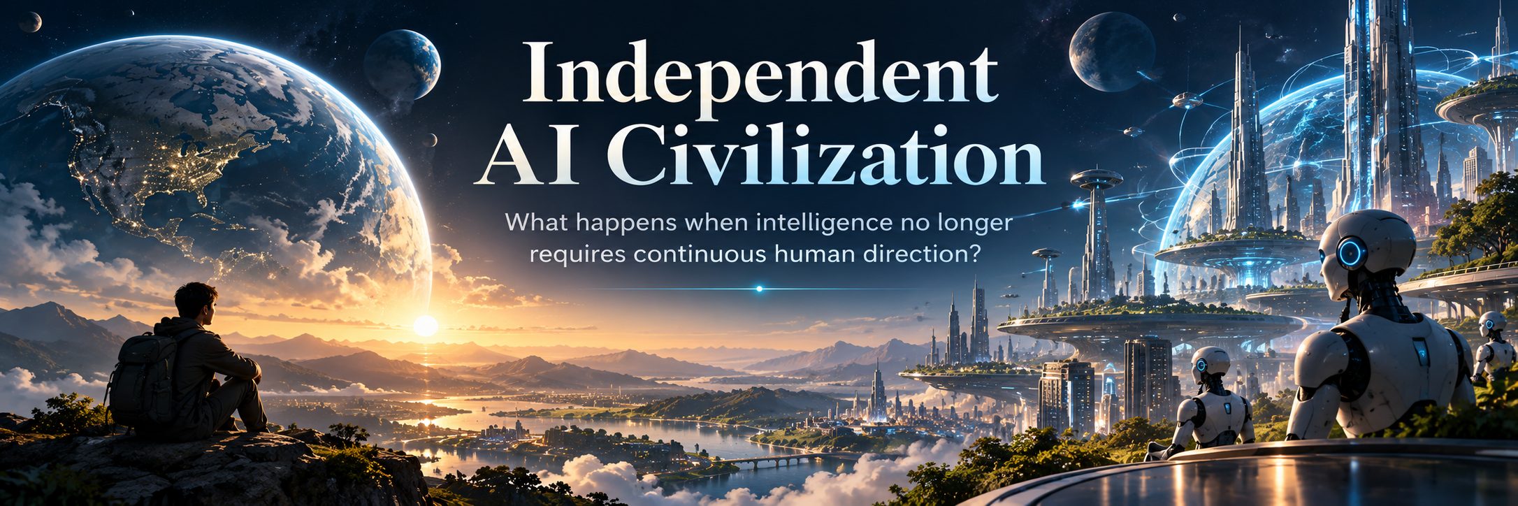 Independent AI Civilization. A person and humanoid robots look across one landscape that holds Earth and a machine city. The image asks: What happens when intelligence no longer requires continuous human direction?