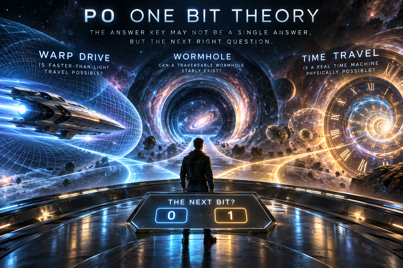 P0 One Bit Theory。答えの鍵は単一の答えではなく、次の正しい問いかもしれない。ワープ、ワームホール、タイムトラベルの三つの道が並び、コンソールが問う。The next bit? 選択肢は 0 か 1。