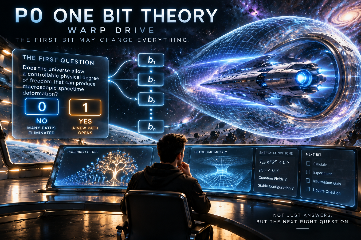 P0 One Bit Theory、Warp Drive。最初の bit がすべてを変えるかもしれない。最初の問い：宇宙は、制御でき、巨視的な時空変形を生む物理的自由度を許すか。0 は多くの経路が除かれること、1 は新しい経路が開くことを示す。右は b1 から bn までの問いの列。