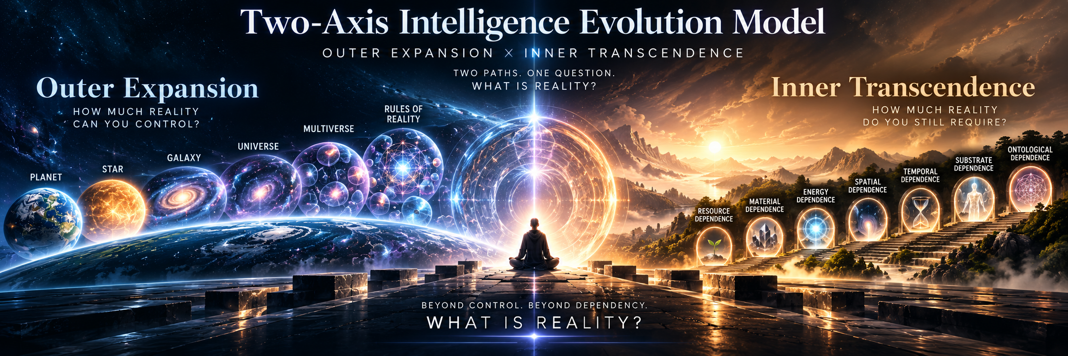 Header for the two-axis intelligence model. On the left, Outer Expansion runs from Planet, Star, Galaxy, Universe, and Multiverse toward Rules of Reality, asking how much Reality you can control. On the right, Inner Transcendence descends from Resource Dependency to Ontological Dependency, asking how much Reality you still require. A figure sits where the two paths meet. The footer reads: What is Reality?