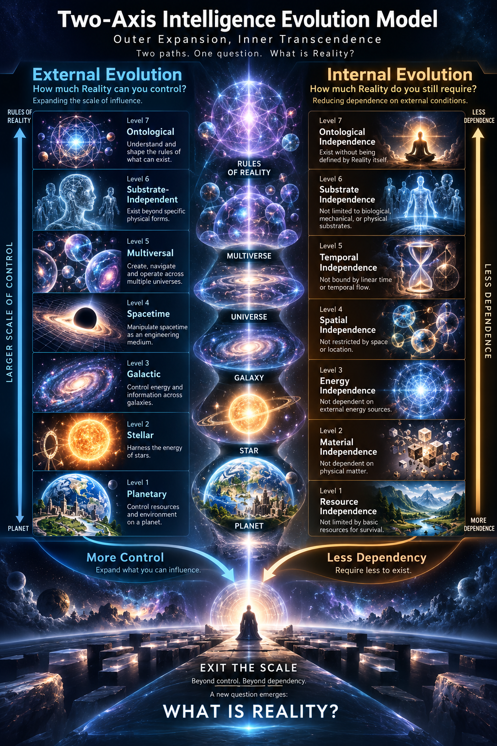 The two-axis intelligence model. The left column, External Evolution, rises from Level 1 Planetary to Level 7 Ontological and asks how much Reality can be controlled. The right column, Internal Evolution, falls from resource dependence toward ontological independence and asks how much Reality is still required. The center rises from Planet through Star, Galaxy, Universe, and Multiverse to Rules of Reality. The footer reads Exit the Scale, and What is Reality?
