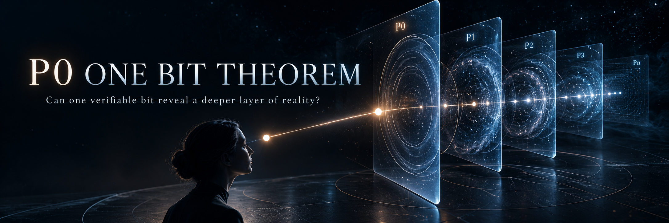 観測者が、P0、P1、P2、P3 から Pn と記された階層パネルを見ている。題：P0 One Bit Theorem。検証可能な 1 ビットは、より深い層の実在を示せるか。
